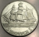 5 zł złotych 1936 Żaglowiec Żaglówka Statek SREBRO