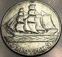 5 zł złotych 1936 Żaglowiec Żaglówka Statek SREBRO
