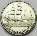 5 zł złotych 1936 Żaglowiec Żaglówka Statek SREBRO