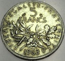 Francja 5 Franków Francs 1963 SREBRO