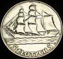 5 zł złotych 1936 Żaglowiec Żaglówka Statek SREBRO