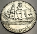 5 zł złotych 1936 Żaglowiec Żaglówka Statek SREBRO