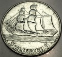 5 zł złotych 1936 Żaglowiec Żaglówka Statek SREBRO