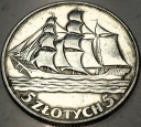 5 zł złotych 1936 Żaglowiec Żaglówka Statek SREBRO