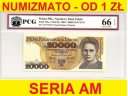 20000 zł, złotych 1989 seria AM 7156217 EPQ 66 UNC